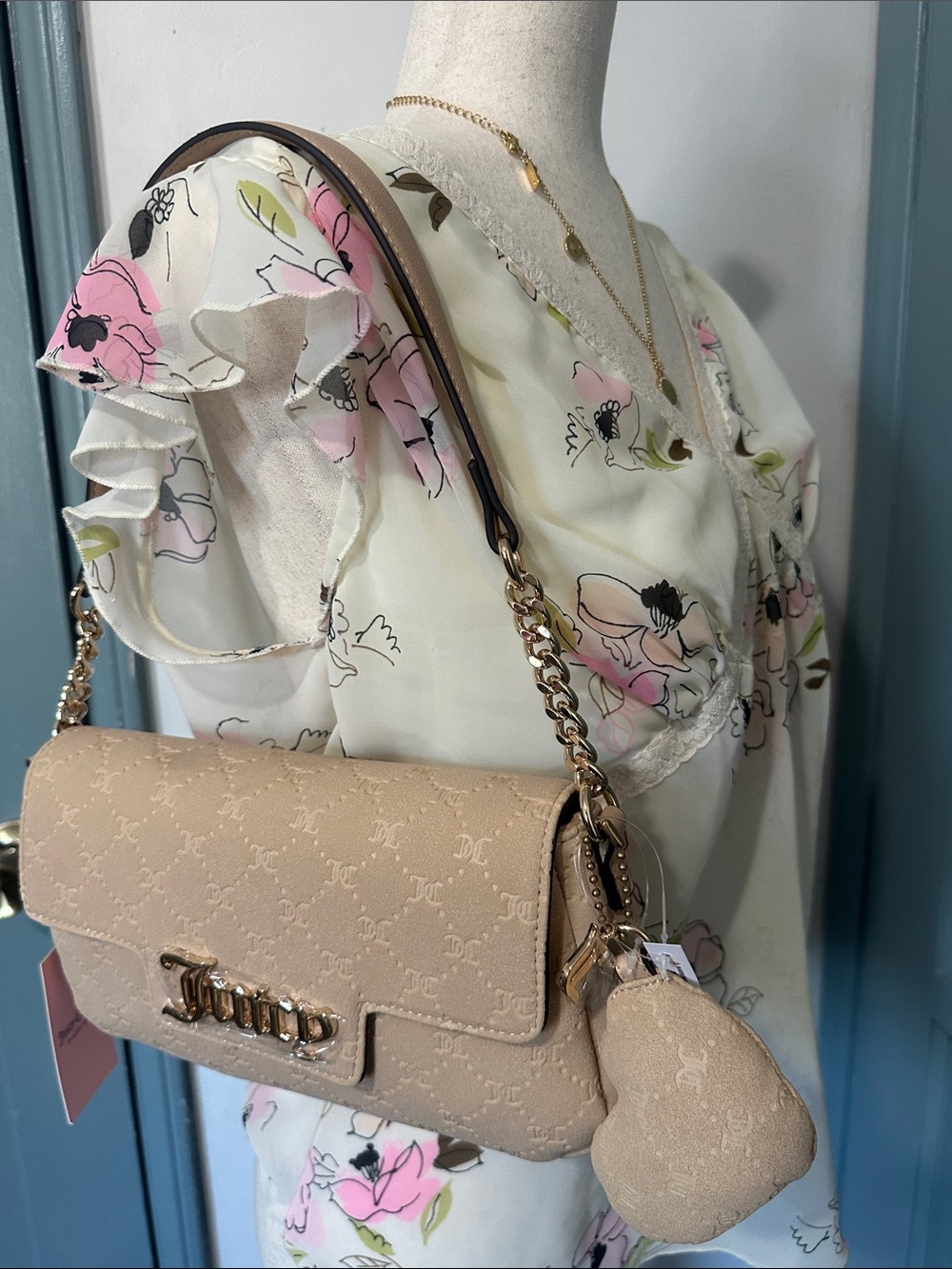 Beige Juicy Couture Monogram Shoulder Bag with Heart Charm- New with Tags